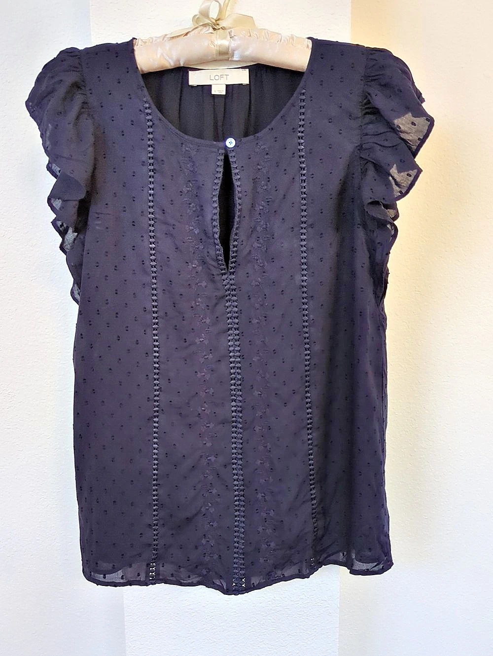 LOFT Navy Blue Ruffle Sleeve Blouse Like New